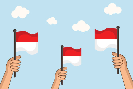 Illustration of hands holding Indonesian flags, symbolizing patriotism, national pride, and independence celebration.