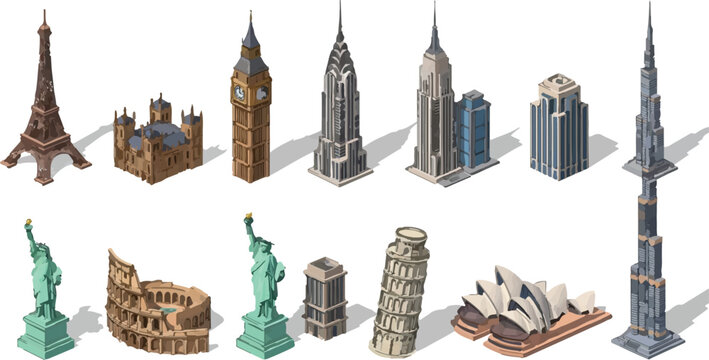 Isometric world landmarks collection, 13 3D famous global monuments and architectural buildings, international travel and tourism vector set