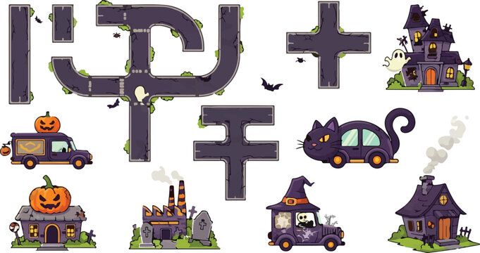 Halloween city map constructor kit, spooky road segments and haunted house vector set, cartoon cat car and pumpkin truck icons for game design