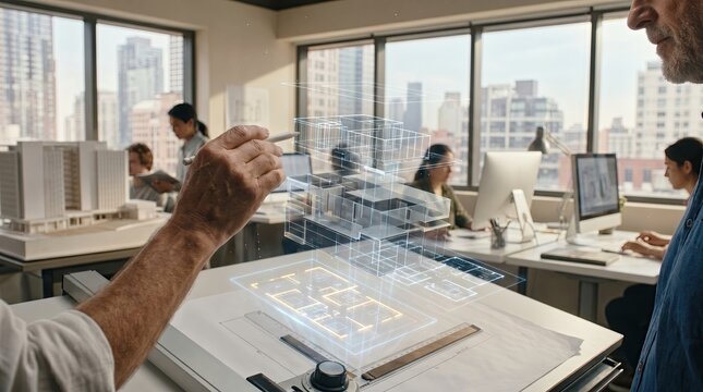 Architect&rsquo;s hand rotating floating 3D building blueprints and construction layers, modern design studio background, cinematic realism, Generated by AI