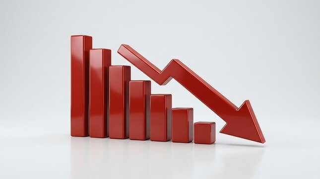 Red bar chart shows a downward trend with a red arrow indicating a decrease in value over time, representing a financial crisis or economic decline