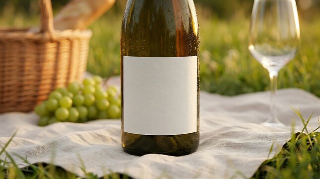 Sunny afternoon picnic spread showcasing a blank-labeled wine vessel on a textile throw amidst lush lawn accompanied by ripe green grapes a wicker hamper and empty stemware symbolizing relaxation cele