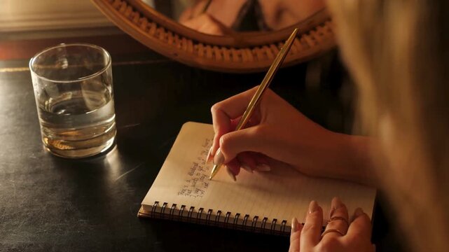 Woman writing in a notebook with a glass of water on a table