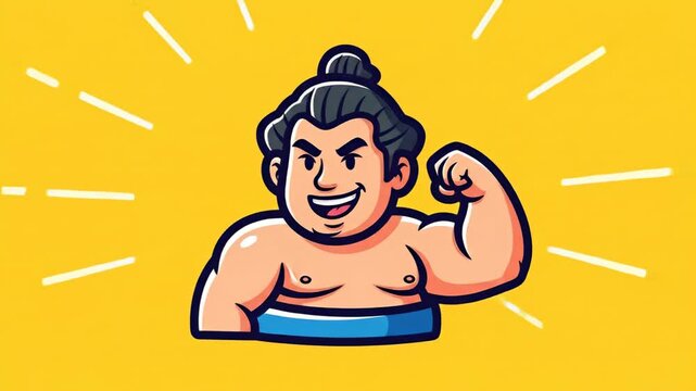 Cartoon Sumo Wrestler Flexing Muscles on Yellow Background.