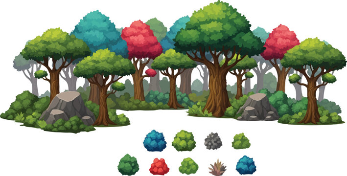 Cartoon forest landscape vector set, vibrant green and red trees with bushes and rocks, game environment nature assets on white background