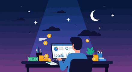 Naklejka premium A man working on financial data analysis at his desk during night time.
