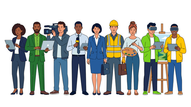 Diverse group of professionals including artists construction workers journalists and business people standing together