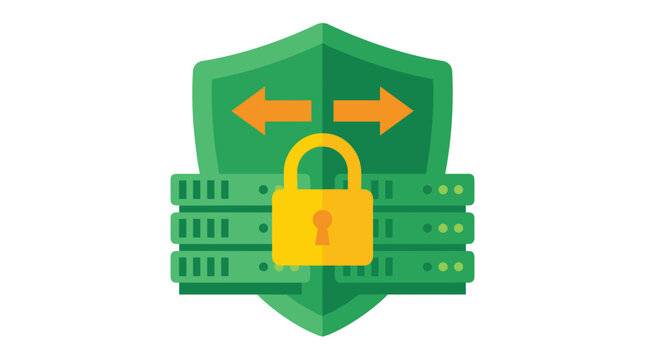 Secure server rack with shield and padlock icon symbolizing data protection network security and safe information