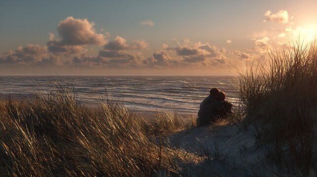 A couple sharing a romantic moment as they watch the sunset from a seaside cliff