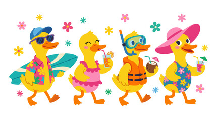 Obraz premium Four cheerful cartoon ducks dressed in summer attire walking together with drinks and accessories celebrating vacation