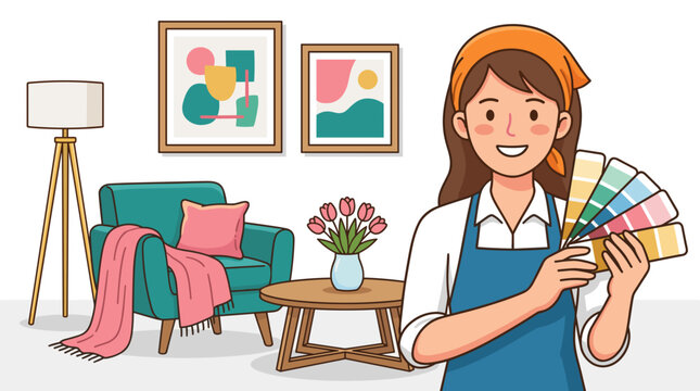 Smiling woman holding color swatches choosing paint for interior design with armchair lamp and artwork in a modern