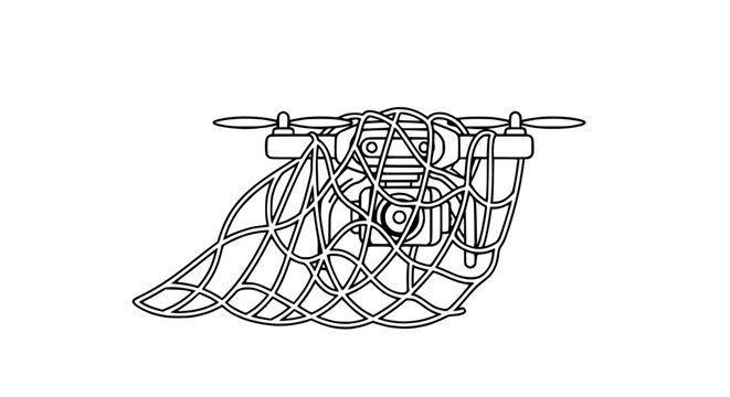 Drone caught in net, aerial surveillance restriction, no-fly zone concept, illustration