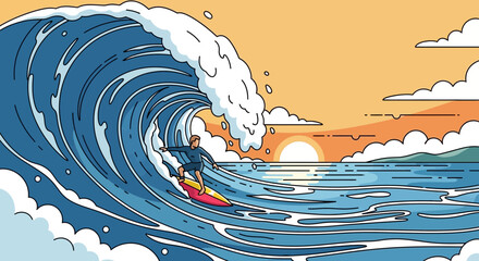 Surfer Riding Giant Crashing Wave at Sunset © Gnteng