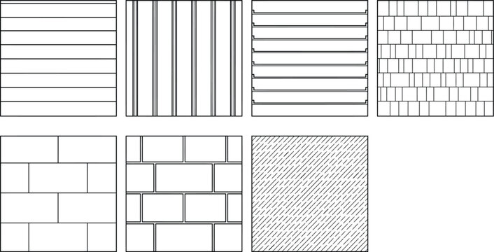 Architectural CAD texture swatch set, construction hatch patterns with masonry, cladding, stipple and stripe fills for blueprint drafting drawings
