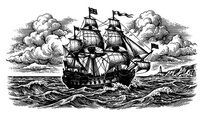 Vintage sailing ship engraving vector with ocean waves and dramatic cloud illustration © MdShafikul