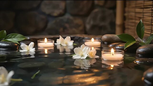 Jasmine flowers and floating tea light candles rest gracefully upon the still dark water surface surrounded by smooth black river stones in a calm spa
