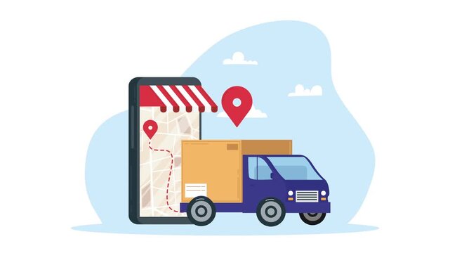 Online delivery service with smartphone gps tracking and delivery truck motion graphic animation.