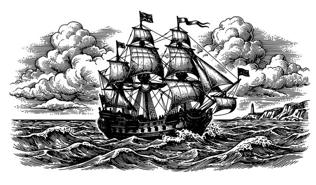 Vintage sailing ship engraving vector with ocean waves and dramatic cloud illustration