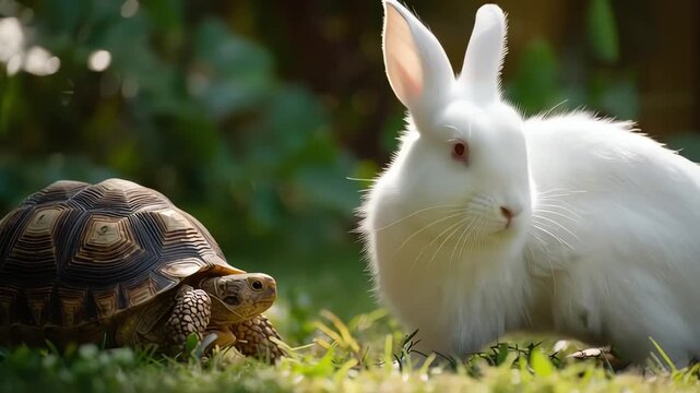 White Rabbit and Tortoise Interaction in Sunlit Garden