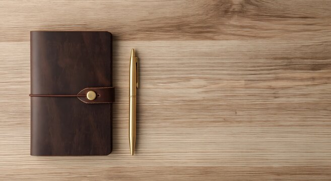 Top down view of vintage brown leather bound journal with golden pen resting beside it on rustic wooden surface. High quality photo