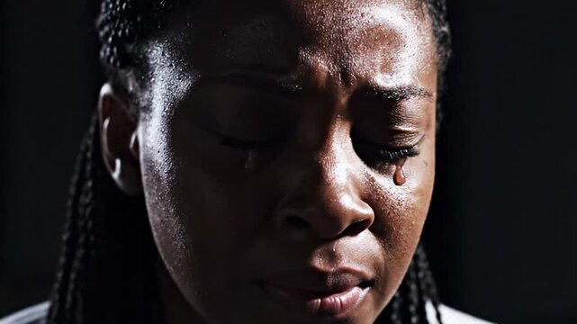 Distressed sweaty young woman looking away in dark setting
