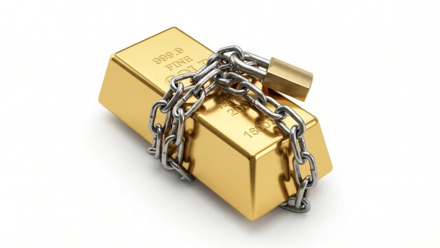 Luxury gold bar secured with a steel lock chain on a clean white background, symbolizing protected wealth, secure investment, financial safety, and stable long-term asset security.