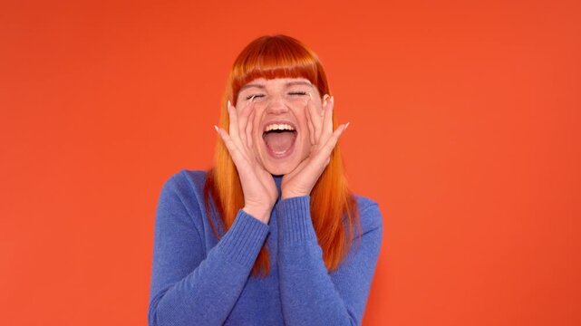 Expressive woman shows different emotions with bright background in simple studio setting