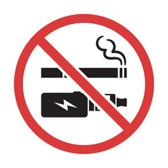 Red No Smoking and No Vaping Ban Sign Vector Illustration. Standard Prohibition Icon Excluding Cigarettes and Electronic Mods for Smoke Free Policies ©  Yassine DS