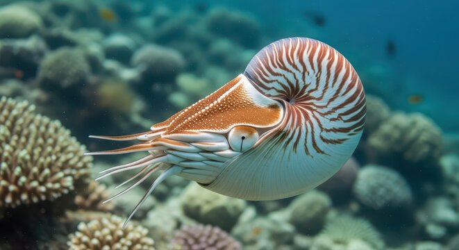 Chambered Nautilus Swimming Gracefully Over a Vibrant Coral Reef in De