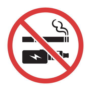 Red No Smoking and No Vaping Ban Sign Vector Illustration. Standard Prohibition Icon Excluding Cigarettes and Electronic Mods for Smoke Free Policies