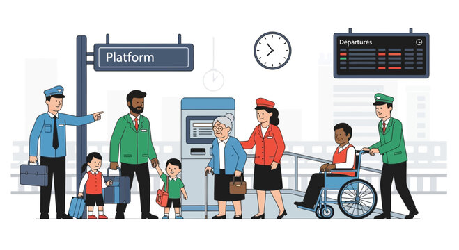 Diverse people at train station platform, accessibility, travel assistance
