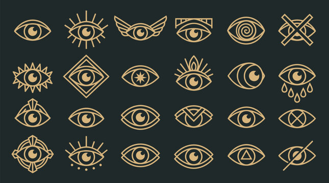 Golden Esoteric Sacred Eye Icons Collection with Celestial Wings Triangle Pyramid Crying Tears Swirl Spiral and Ornate Magic Symbols