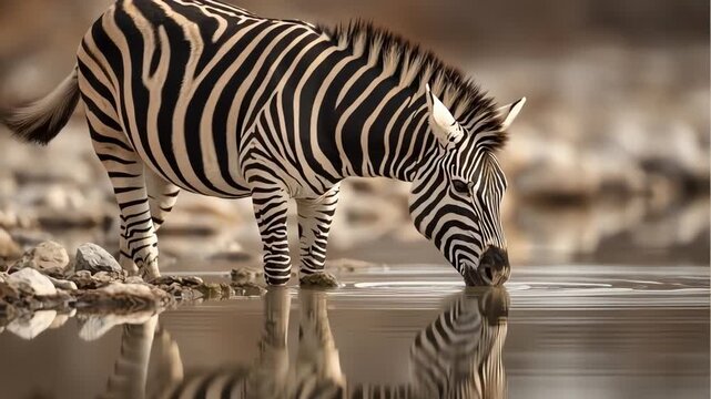 Zebra drinking water at a river with reflection
