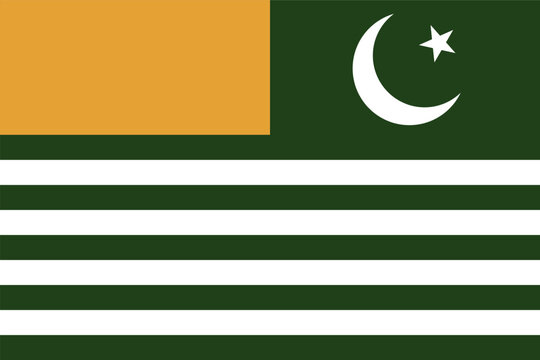 Flat vector illustration of the Azad Kashmir flag with green field, white stripes, yellow canton, crescent, and star for regional symbol design.