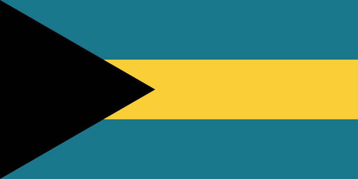Flat vector illustration of the national flag of the Bahamas with black triangle and horizontal stripes isolated on a white background.