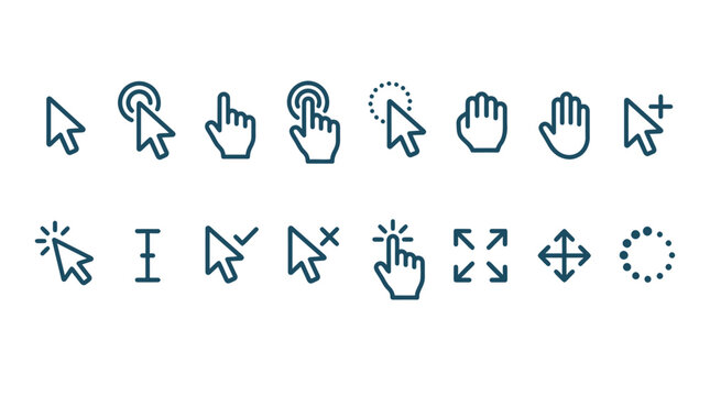 Flat Linear Icons of Computer Cursors and User Interface Pointers with Hand Selection Drag Resize Loading and Status Indicators for Web Apps