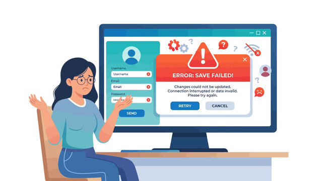 Woman sitting at desk frustrated with computer error message on screen