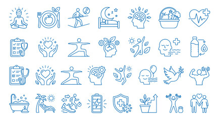 Fototapeta premium Set of Linear Style Self Care and Holistic Wellness Icons Detailing Physical Training Balanced Diet Stress Relief and Mental Peace