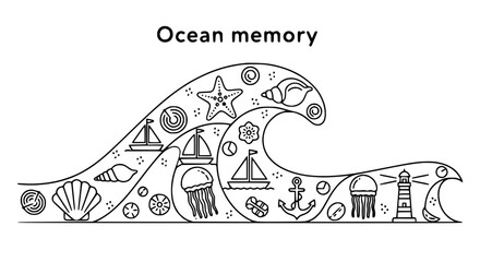 Ocean wave filled with nautical icons: sailboat, lighthouse, anchor, jellyfish, shells © Nurul