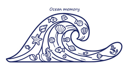 Ocean wave filled with marine life and seashells, hand-drawn style, isolated on white © Nurul