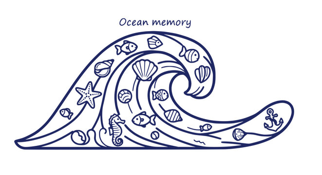 Ocean wave filled with marine life and seashells, hand-drawn style, isolated on white