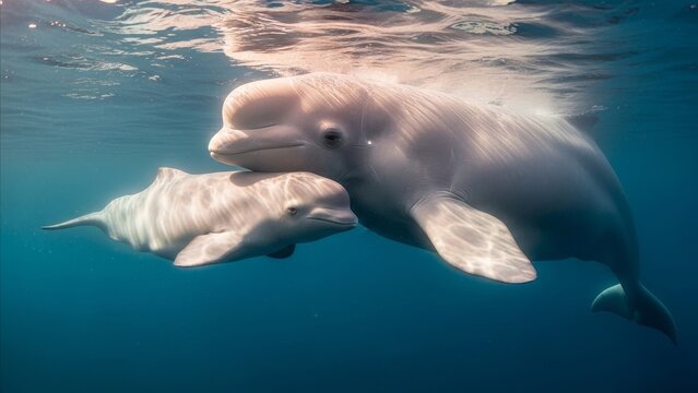 Animal - Beluga Whale Mother and Calf Swimming Together Underwater in Blue Ocean Close Up Portrait