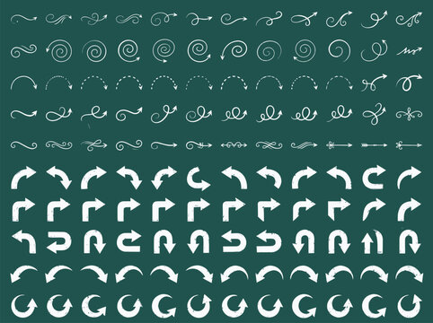 Extensive Set of Hand Drawn Chalk Doodles Arrows and Decorative Swirls for Infographic Design on Chalkboard Texture
