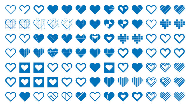 Blue Vector Heart Icon Collection Featuring Geometric Blueprint Grid Pixel Art and Minimalist Line Styles for Technical and Digital Design