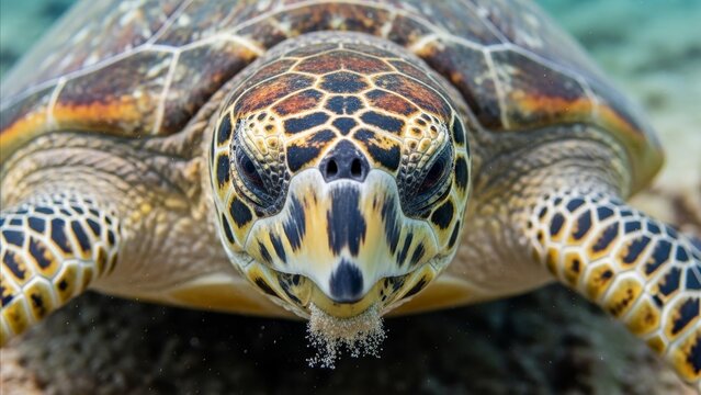 Animal - Close Up Hawksbill Sea Turtle Face Underwater with Air Bubbles and Detailed Shell Pattern