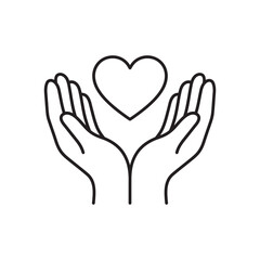 Obraz premium Linear vector icon of two hands holding up a heart, representing love, healthcare, wellness, and emotional support.