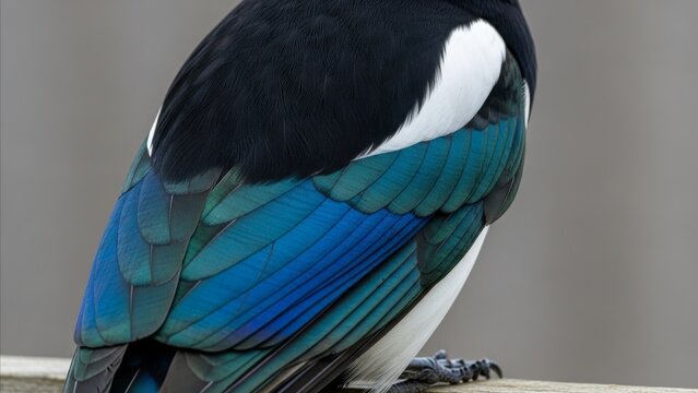 Animal - Eurasian Magpie Iridescent Blue Green Wing Feathers Close Up Perched on Wooden Surface