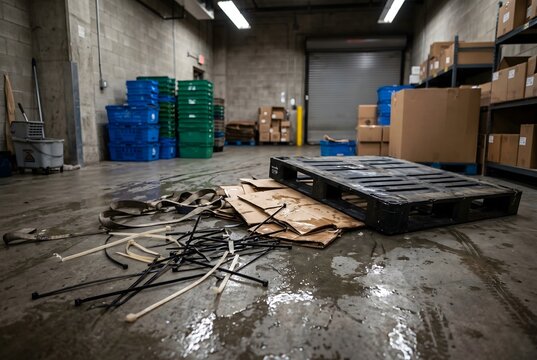 Supermarket backroom floor with scattered zip ties and overturned pallet