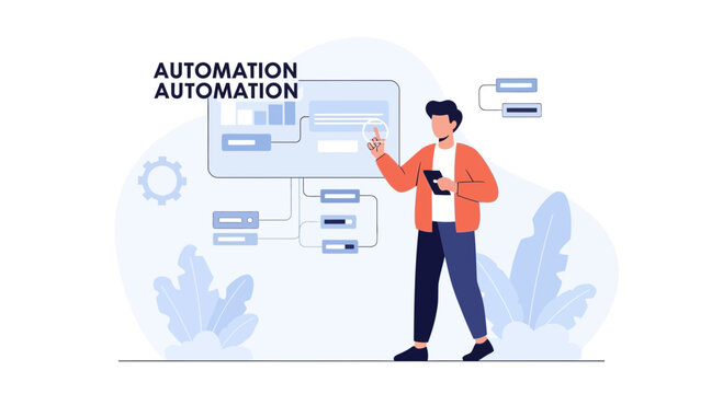 Man with tablet interacts with automated process flow chart diagram.