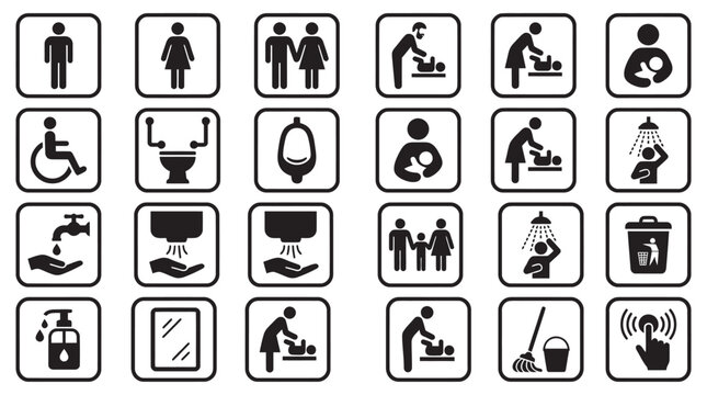 Minimalist Black and White Vector Icon Set for Restroom Facility and Public Service Signage